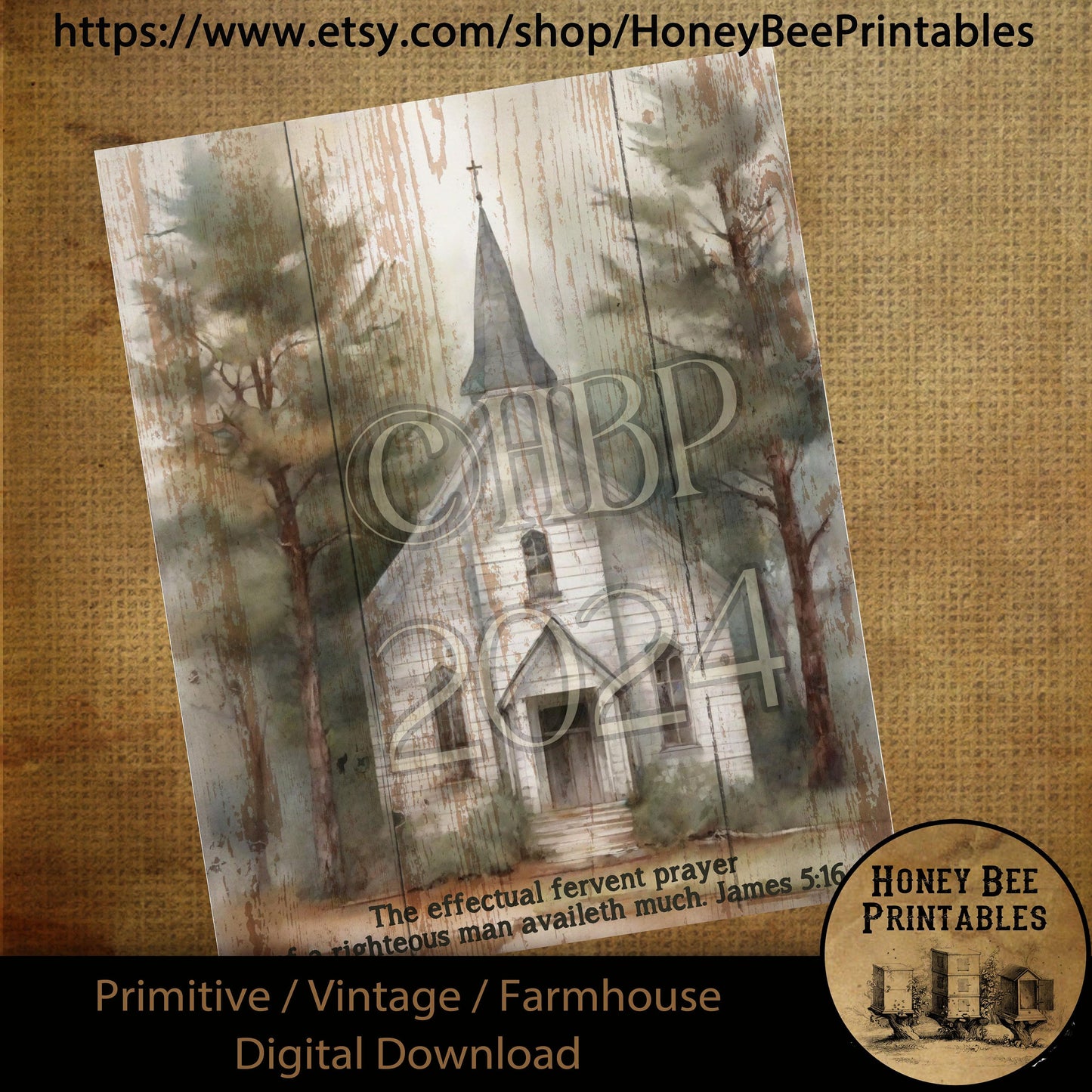 Vintage Digital Download Printable Sublimate Decoupage Primitive, Summer, Father, Dad, Happy Father's Day, Old White Chapel, Church, James 5