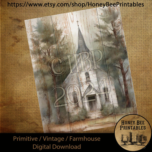 Vintage Digital Download Printable Sublimate Decoupage Primitive, Farmhouse, Old White Church, Old White Chapel, Inspirational, Rustic