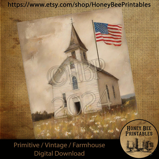 Vintage Primitive Farmhouse Digital Download Printable Sublimation Decoupage Americana Patriotic White Shabby Church Chapel Flag Wildflowers