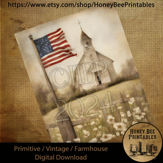 Vintage Primitive Farmhouse Digital Download Printable Sublimation Decoupage American Patriotic White Shabby Church Chapel Fence Wildflowers