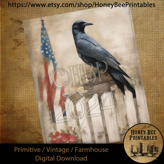 Vintage Primitive Farmhouse Digital Download Printable Sublimate Decoupage American Patriotic White Shabby Picket Fence Crow Blackbird Flag