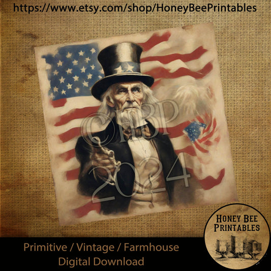 Primitive Farmhouse Digital Download Printable Sublimation Decoupage American Patriotic Vintage Uncle Sam USA Flag Patriot 8x8 Tiered Tray