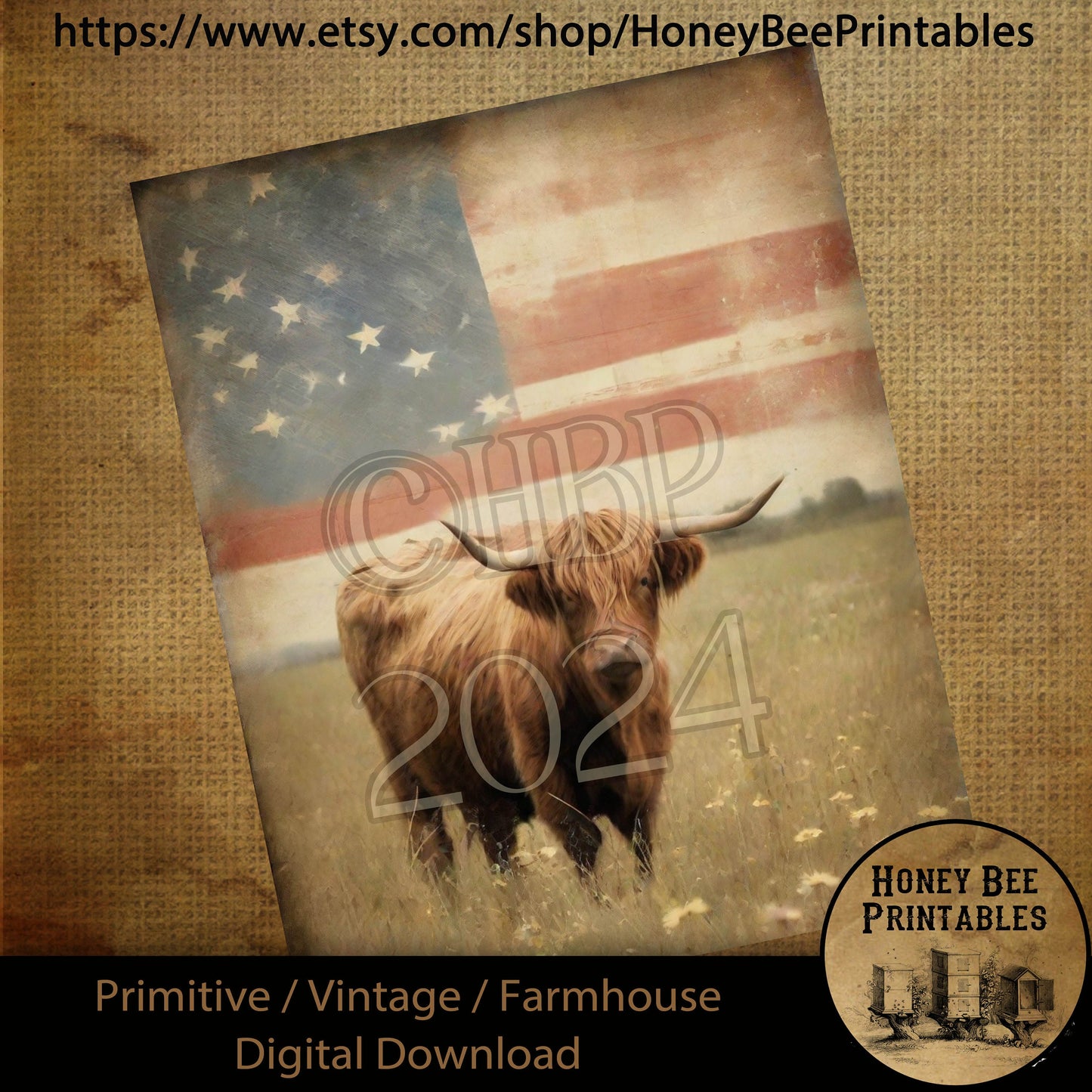 Vintage Primitive Farmhouse Digital Download Printable Sublimate Decoupage American Patriotic, Highland Cow, Cow, Flag, Wildflowers, Farm
