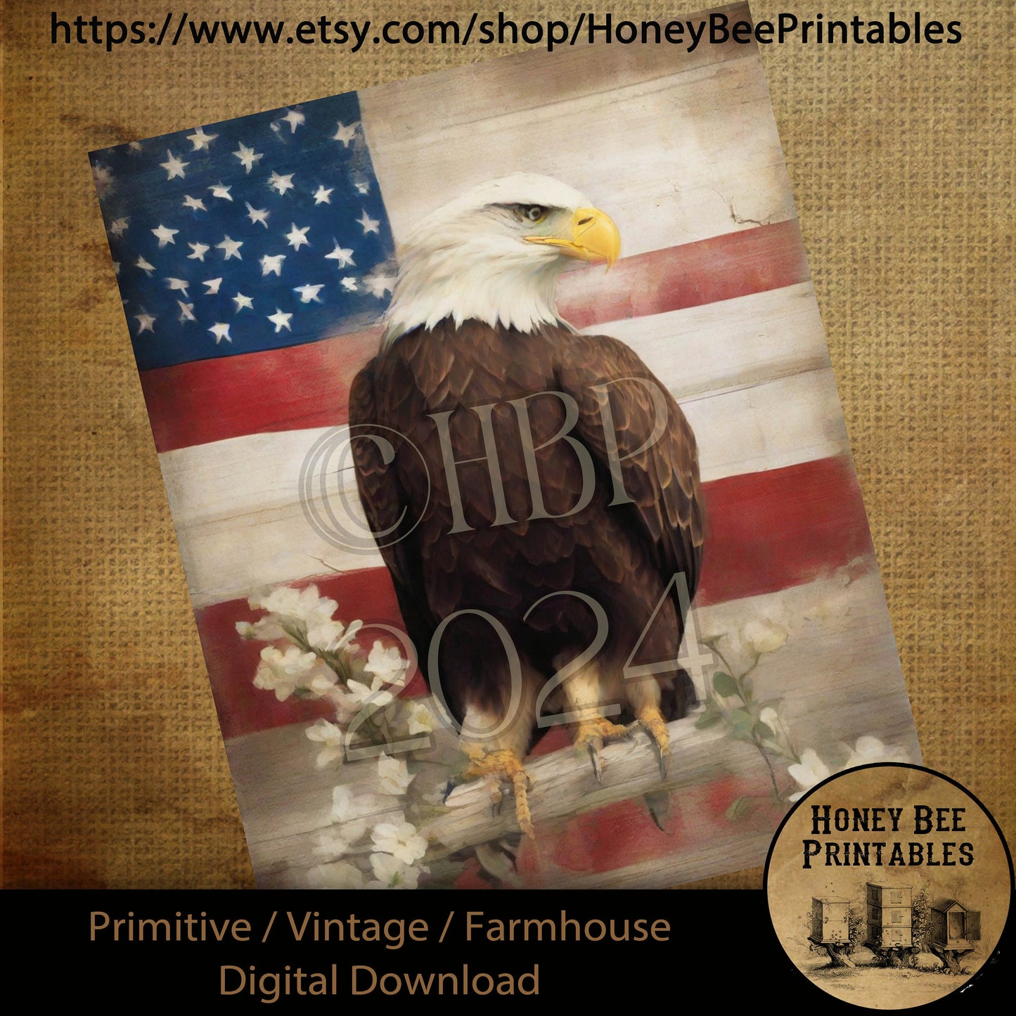 Vintage Prim Farmhouse Digital Download Printable Sublimate Decoupage American Patriotic Flag, Eagle Perched on Fence, White Flowers, USA