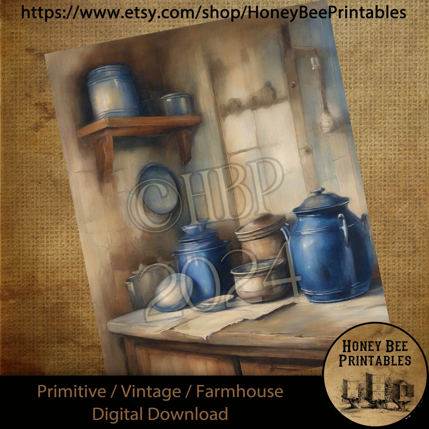 Vintage Farmhouse Digital Download Printable Sublimate Decoupage Primitive Kitchen, Cupboard, Crocks, Dishes, Blue Crocks, Kitchen Window