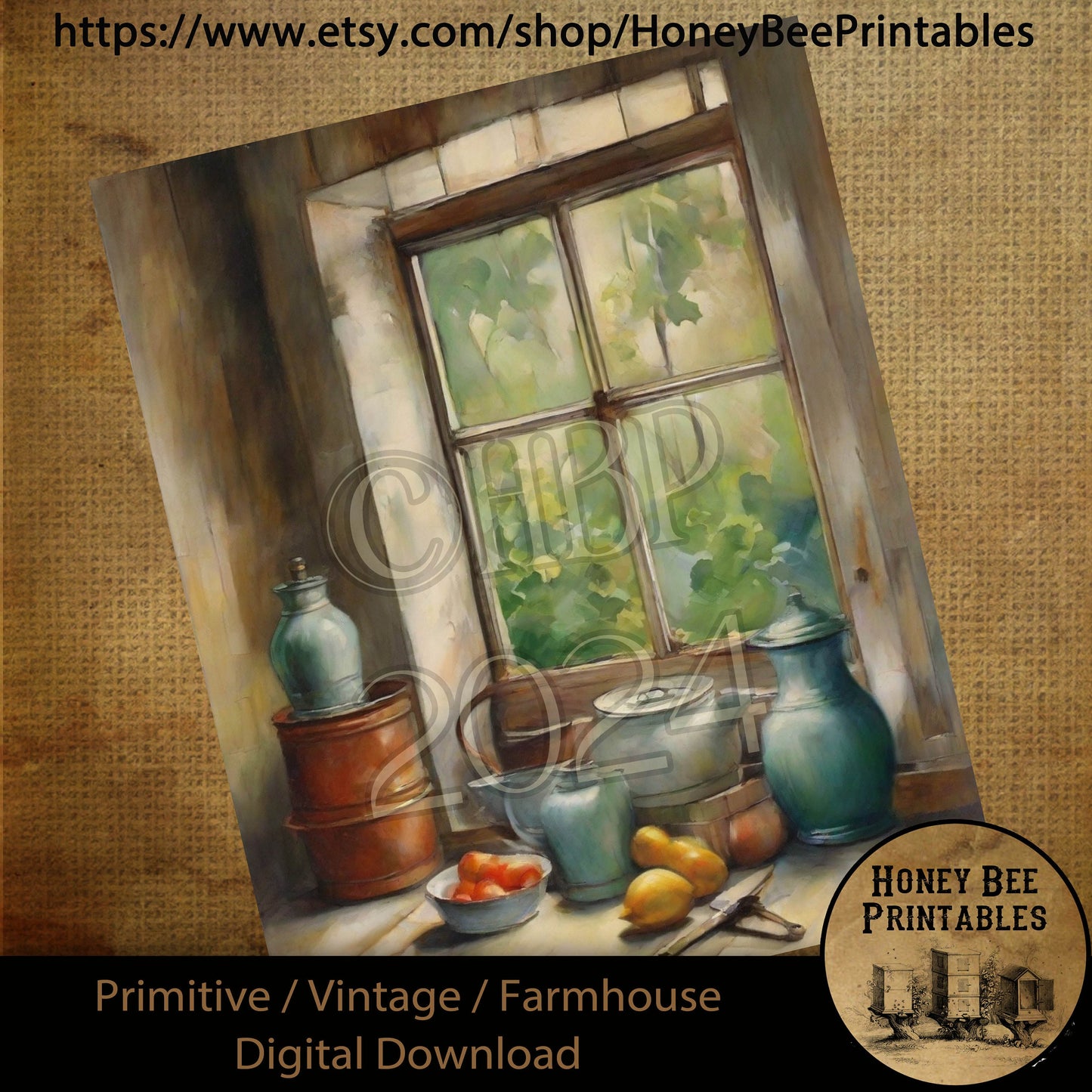 Vintage Farmhouse Digital Download Printable Sublimate Decoupage Primitive Kitchen, Cupboard, Crocks, Dishes,Crocks, Kitchen Window View