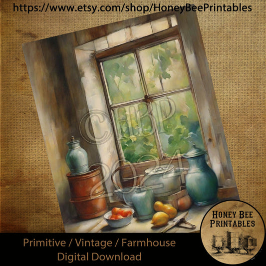 Vintage Farmhouse Digital Download Printable Sublimate Decoupage Primitive Kitchen, Cupboard, Crocks, Dishes,Crocks, Kitchen Window View