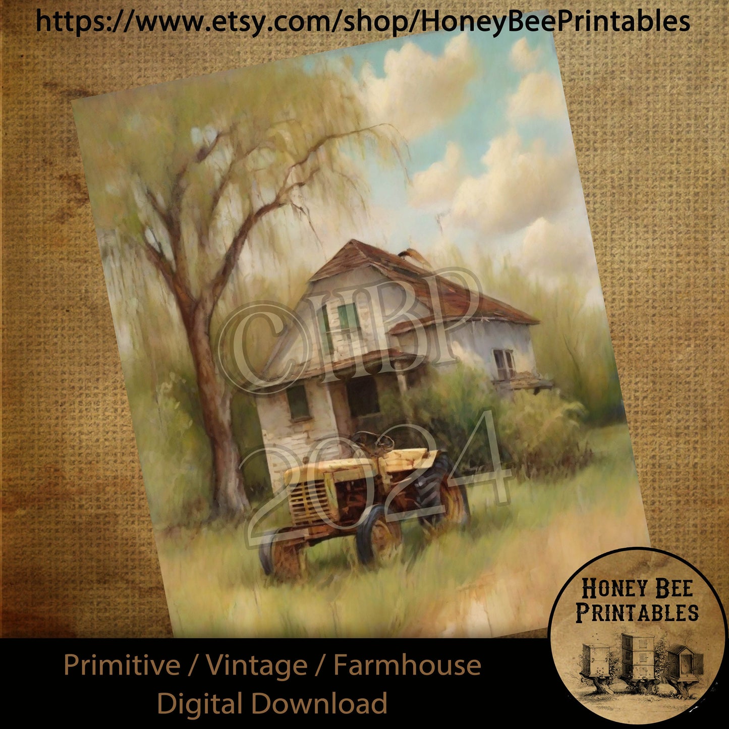 Vintage Farmhouse Digital Download Printable Sublimate Decoupage Primitive Old Farmhouse, Tractor, Weeping Willow, Farmhouse Scene, Farm