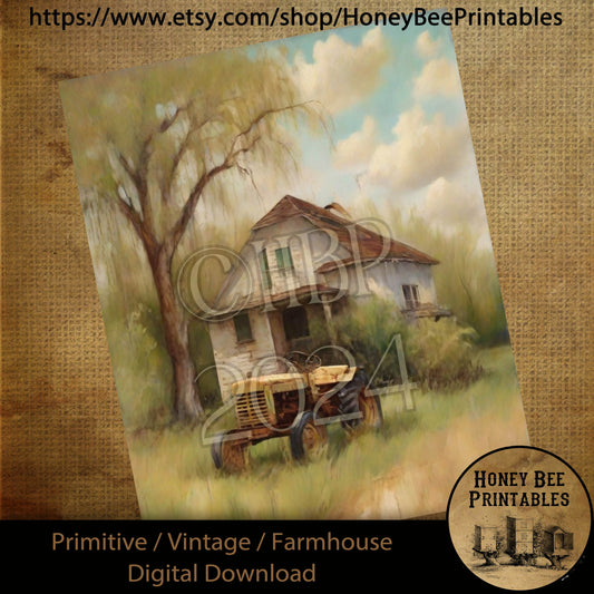 Vintage Farmhouse Digital Download Printable Sublimate Decoupage Primitive Old Farmhouse, Tractor, Weeping Willow, Farmhouse Scene, Farm