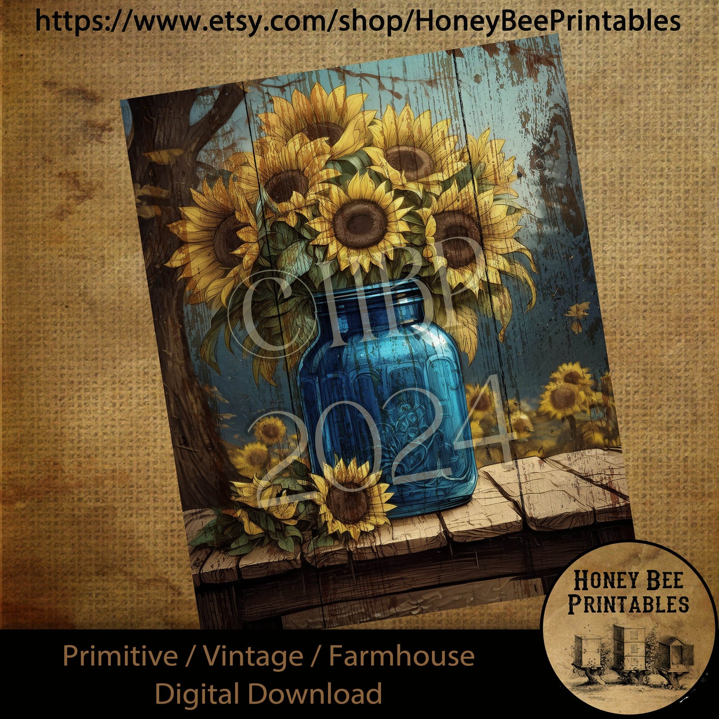 Vintage Digital Download Printable Decoupage Farmhouse, Primitive, Painting, Summer, Fall, Old Blue Jar of Sunflowers, Sunflowers, Blue Jar