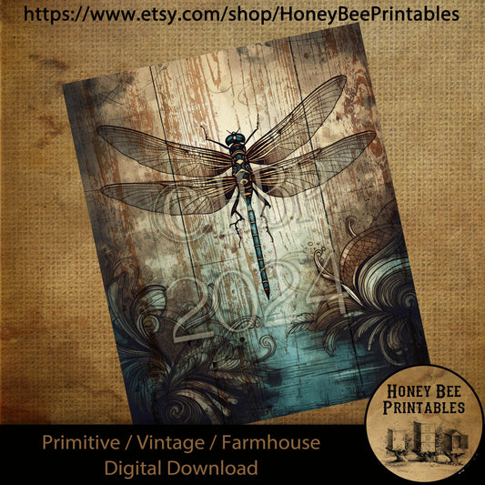 Vintage Digital Download Printable Decoupage Farmhouse, Primitive, Painting, Summer, Insects, Dragonfly, Dragonflies, Flowers