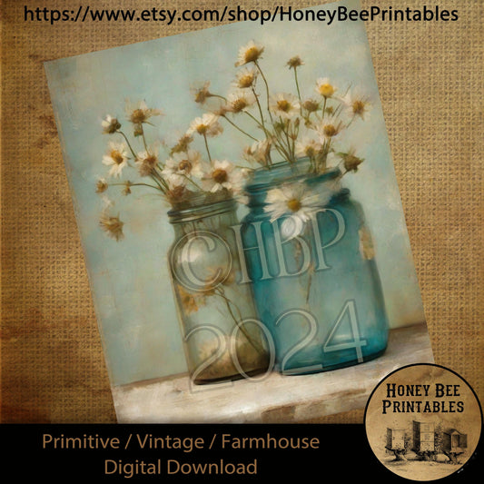 Vintage Farmhouse Digital Download Printable Sublimate Decoupage Primitive Old Antique Blue Canning Jars, Daisies, Wildflowers,Kitchen Art 2
