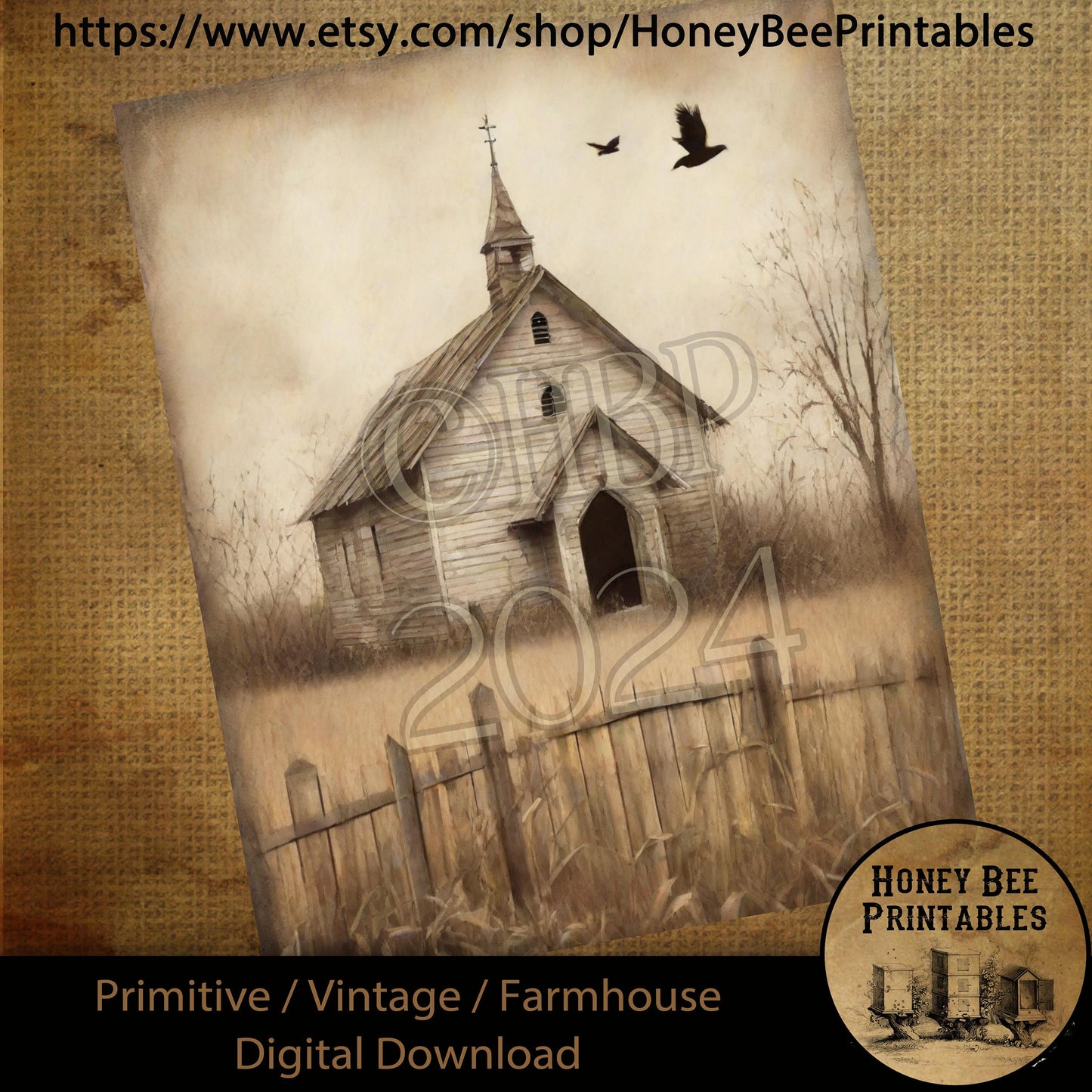 Vintage Farmhouse Digital Download Printable Sublimate Decoupage Primitive Old Shabby White Chapel, Church, Sepia,Sunday, Religious, Crow