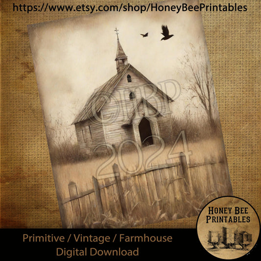 Vintage Farmhouse Digital Download Printable Sublimate Decoupage Primitive Old Shabby White Chapel, Church, Sepia,Sunday, Religious, Crow