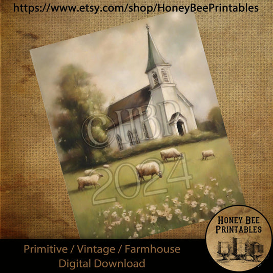 Vintage Farmhouse Digital Download Printable Sublimate Decoupage Primitive Old White Chapel, Church, Painting, Sheep, Lamb, Shabby, Grungy