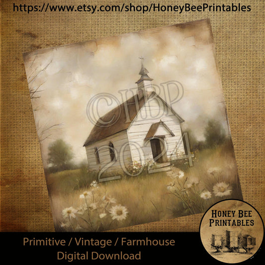 Vintage Farmhouse Digital Download Printable Sublimate Decoupage Primitive Old White Chapel, Church, Painting, Shabby, Grungy, Daisies, 8x8