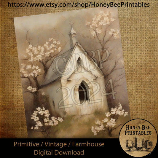 Vintage Farmhouse Digital Download Printable Sublimate Decoupage Primitive Old White Chapel, Church, Painting, Shabby, Grungy, Dogwood Tree