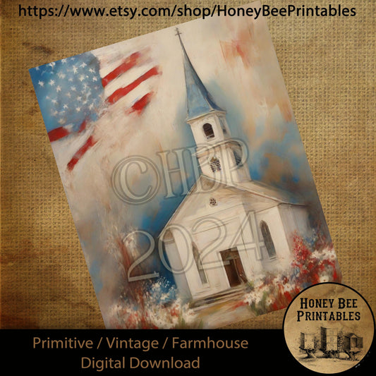 Vintage Farmhouse Digital Download Printable Sublimate Decoupage Primitive Old White Chapel, Church, Painting, Shabby, Americana, Patriotic