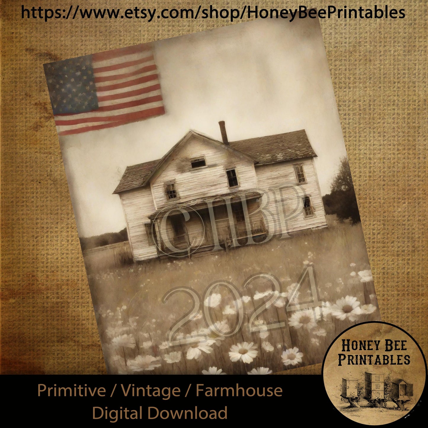 Vintage Digital Download Printable Sublimate Decoupage Primitive Old White Farm House, Painting, Shabby, Americana, Patriotic, Wildflowers
