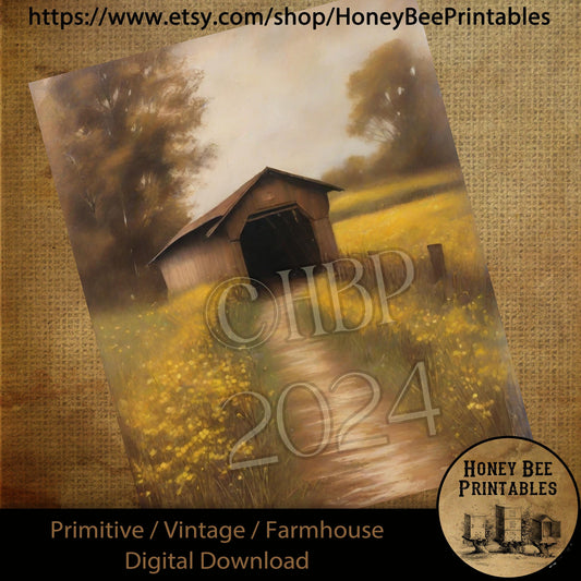 Vintage Digital Download Printable Sublimate Decoupage Primitive Old Covered Bridge, Dirt Road, Wildflowers, Country, Painting, Shabby