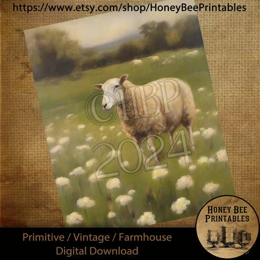 Vintage Digital Download Printable Sublimate Decoupage Primitive, Painting, Sheep, Lamb, Field of Flowers, Wildflowers, Landscape, Spring