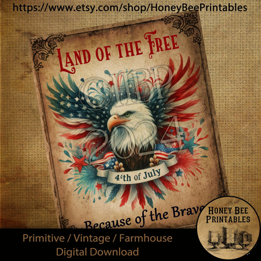 Vintage Primitive Farmhouse Digital Download Printable 8x10 Decoupage Patriotic Americana, Land of the Free, Because of the Brave, Eagle