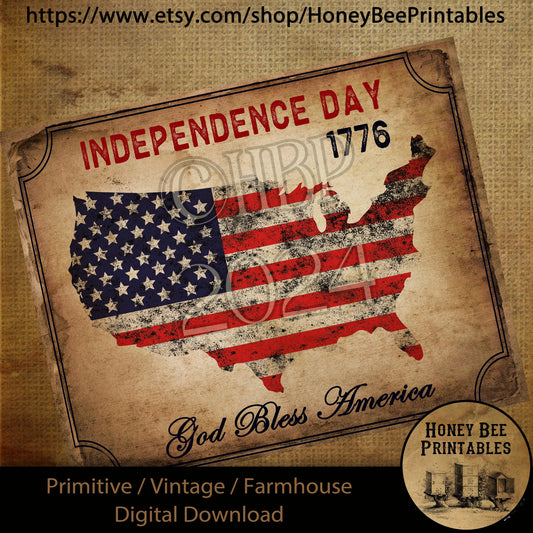 Vintage Primitive Farmhouse Digital Download Printable Decoupage Patriotic, United States Map, Independence Day, 1776, God Bless America