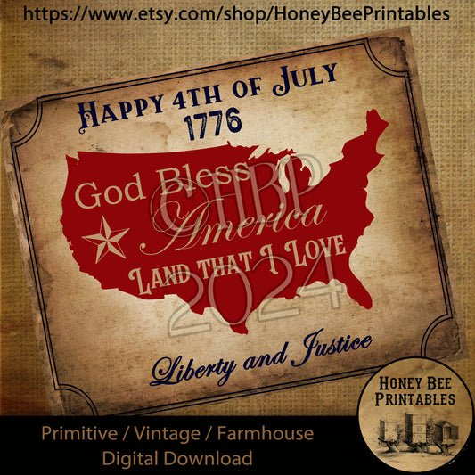 Vintage Primitive Farmhouse Digital Download Printable Decoupage Patriotic, United States Map, Happy 4th of July, 1776, God Bless America