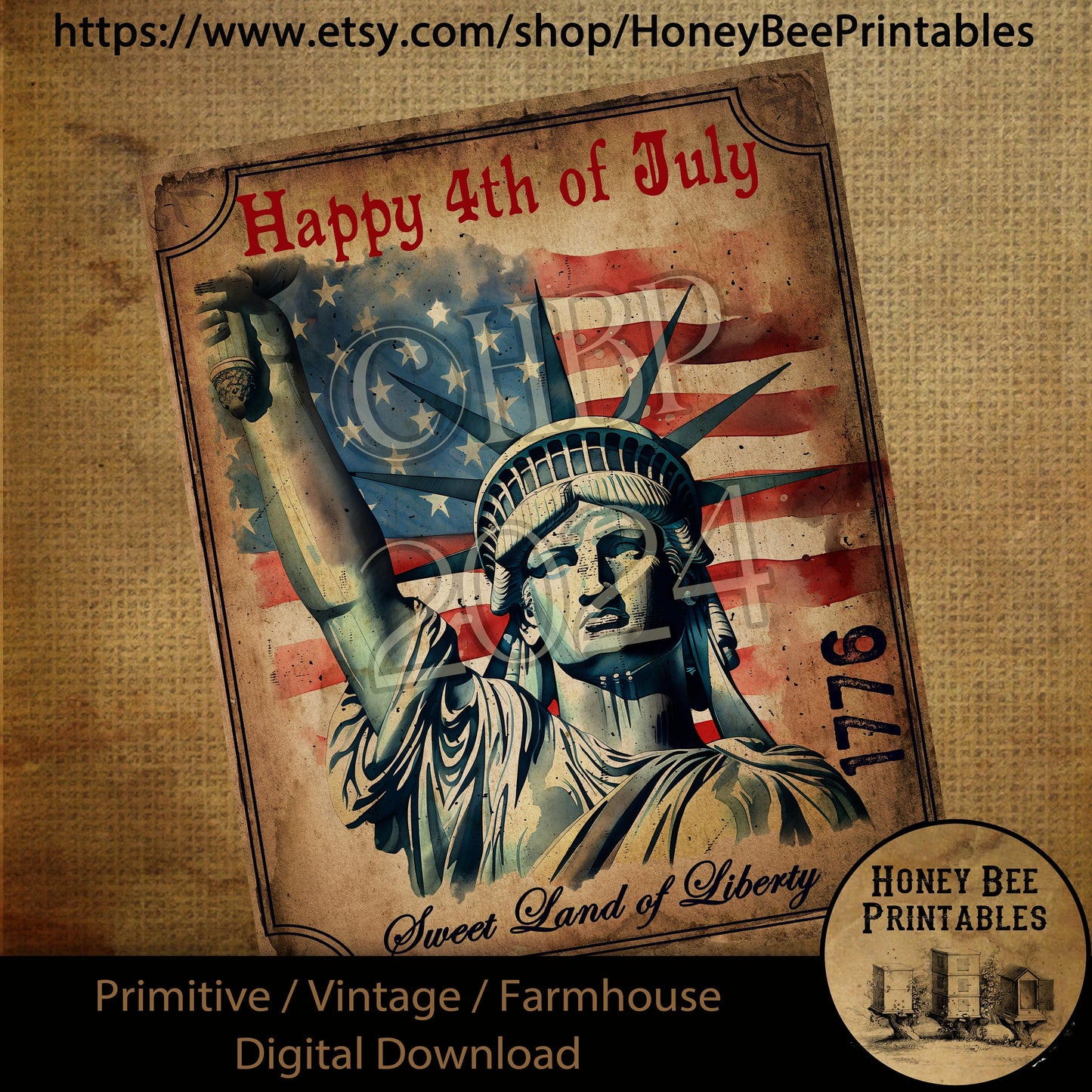 Vintage Primitive Farmhouse Digital Download Printable Decoupage Patriotic America, Sweet Land of Liberty, Lady Liberty, Happy 4th of July