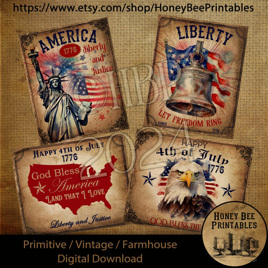 Vintage Primitive Farmhouse Digital Download Printable Decoupage Patriotic, Lady Liberty, Eagle, American Flag, Fireworks, 1776, Labels 2