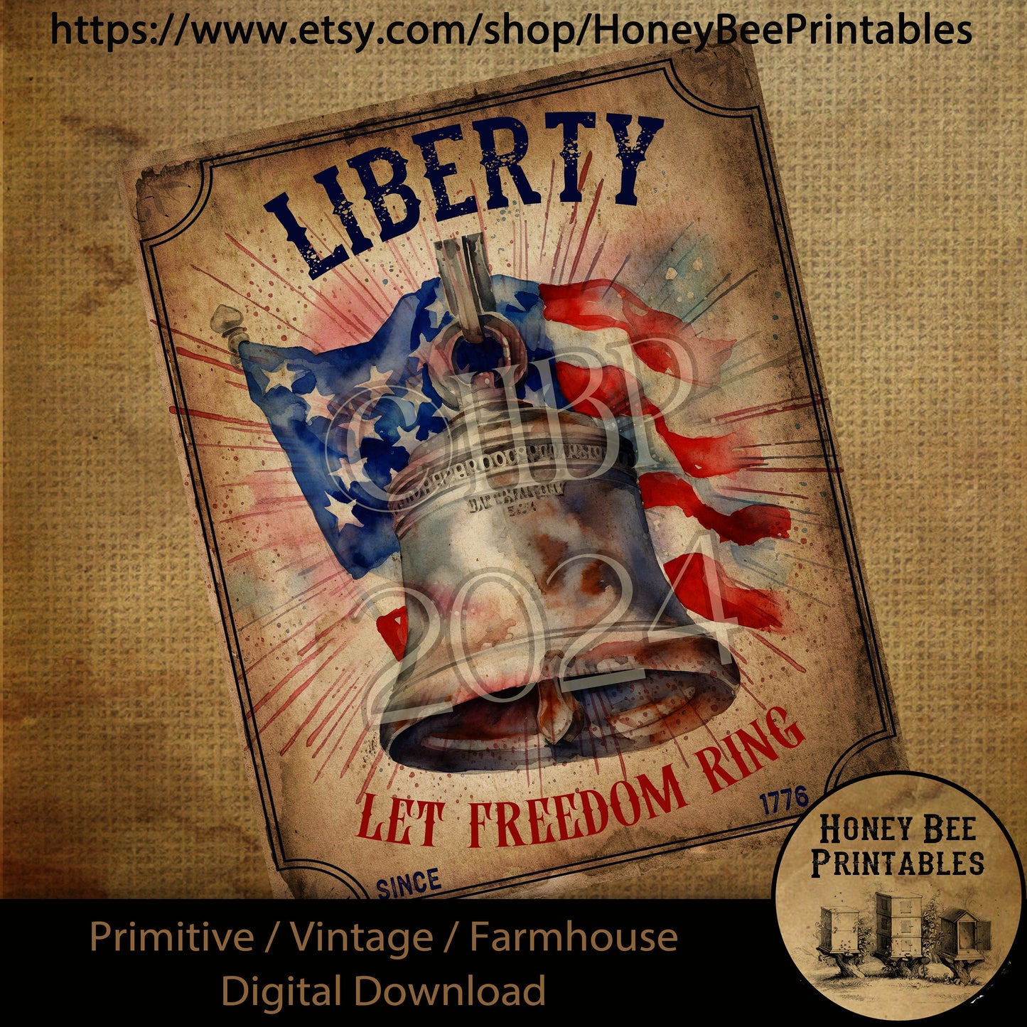 Vintage Primitive Farmhouse Digital Download Printable Decoupage Patriotic, Liberty Bell, Let Freedom Ring, Fireworks, American Flag, 1776