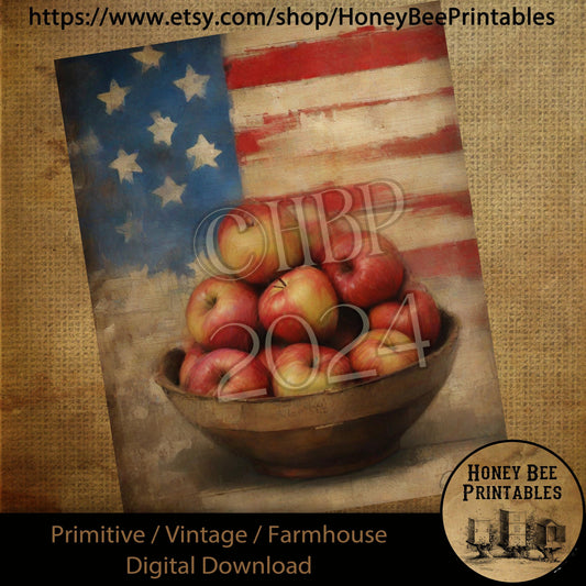 Vintage Digital Download Printable Sublimate Decoupage Primitive, Painting, Patriotic Flag, Bowl of Apples, Apple Harvest, Americana, USA