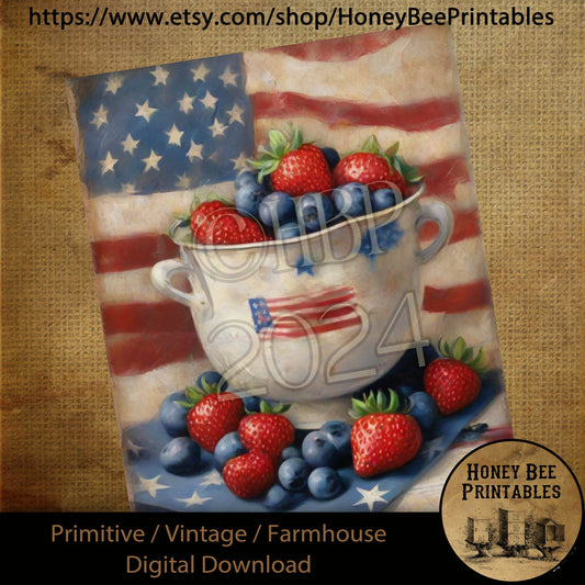 Vintage Digital Download Printable Sublimate Decoupage Primitive, Painting, Patriotic, Americana, Bowl of Berries, Strawberries, Blueberries