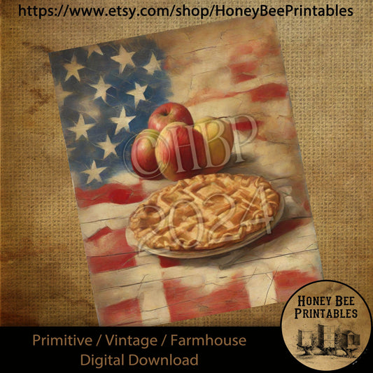 Vintage Digital Download Printable Sublimation Decoupage Primitive, Painting, Patriotic, Americana, Flag, USA, Apple Pie, American Pie