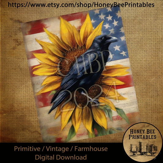 Vintage Digital Download Printable Sublimation Decoupage Primitive, Painting, Patriotic, Americana, Flag, Crow, Sunflower, Crow on Sunflower