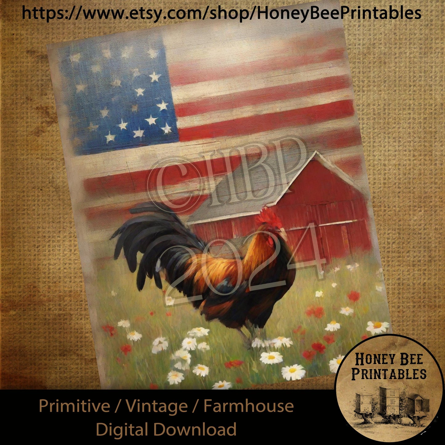 Vintage Digital Download Printable Sublimation Decoupage Primitive, Painting, Patriotic, Americana, USA, Rooster, Red Barn, Wildflowers,