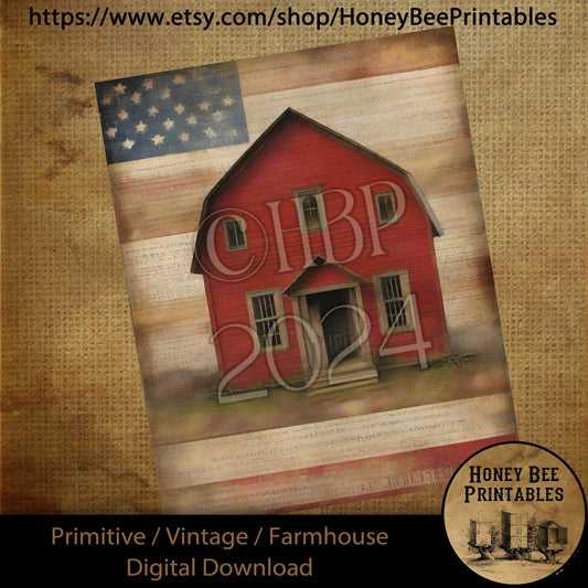 Vintage Digital Download Printable Sublimation Decoupage Primitive, Painting, Patriotic, Americana, Flag, Old Red House, Grungy, USA