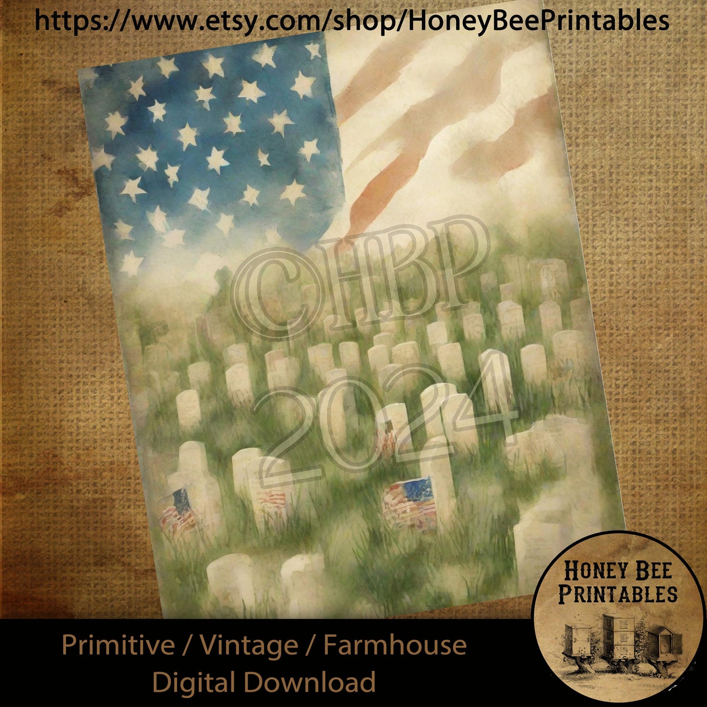 Vintage Primitive Farmhouse Digital Download Printable Sublimation Decoupage American Flag, Veteran, Memorial Day, Cemetery, Soldiers, USA
