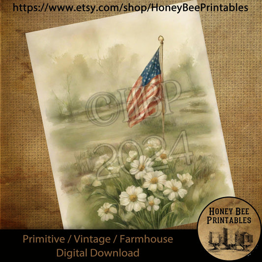 Vintage Primitive Farmhouse Digital Download Printable Sublimation Decoupage American Flag, Veteran, Memorial Day, Flowers, Soldiers, USA