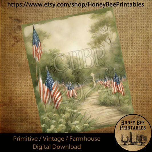 Vintage Primitive Farmhouse Digital Download Printable Sublimation Decoupage American Flag, Veteran, Memorial Day, Soldiers, Pathway, Garden