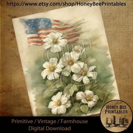 Vintage Primitive Farmhouse Digital Download Printable Sublimation Decoupage American Flag, Veteran, Memorial Day, Soldiers, Flowers, Garden