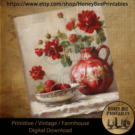 Vintage Digital Download Printable Sublimation Decoupage Primitive, Painting, Beautiful Pitcher, Crock, Raspberries, Fruit, Summer Fruit,