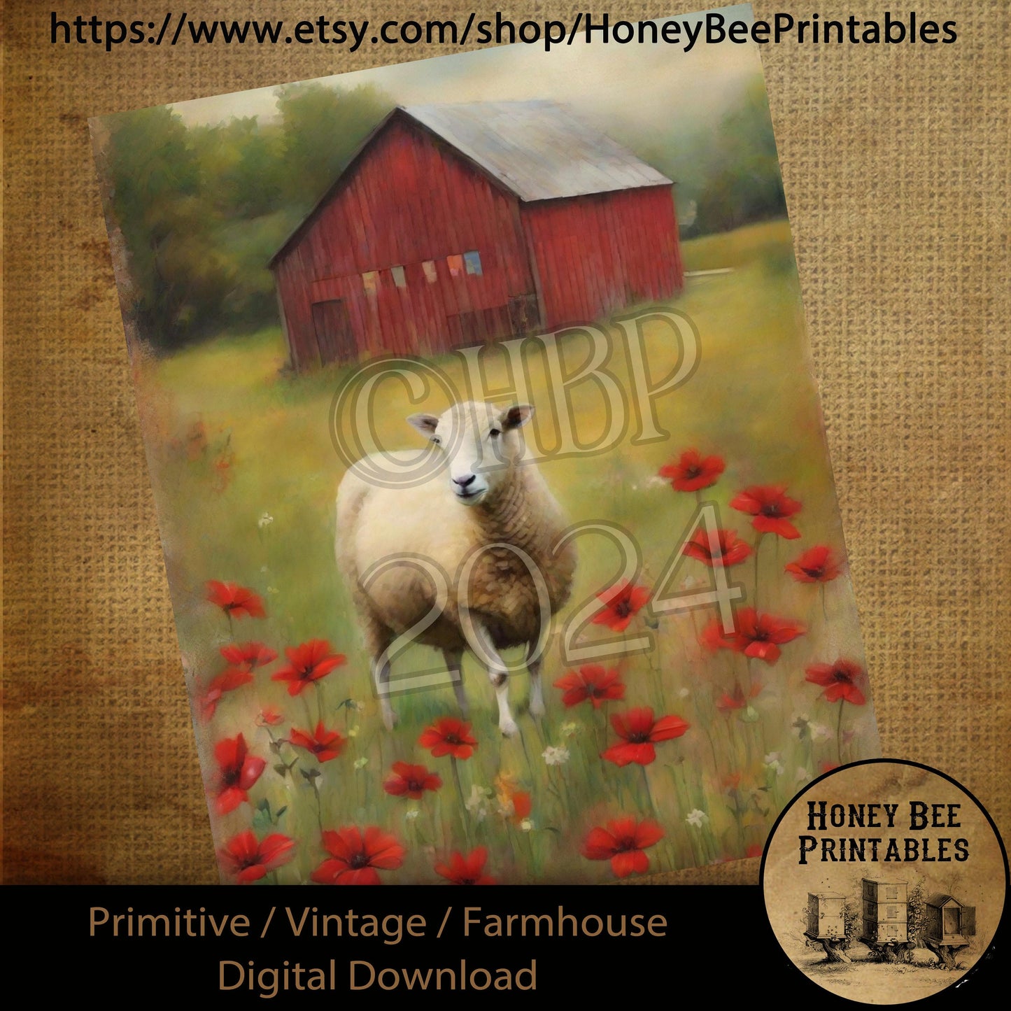 Vintage Digital Download Printable Sublimation Decoupage Primitive, Painting, Old Red Barn, Sheep, Lamb, Wildflowers, Farm, Field of Flowers