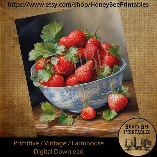 Vintage Digital Download Printable Sublimation Decoupage Primitive, Painting, Antique, Bowl of Strawberries, Berries, Blue Bowl, Still Life