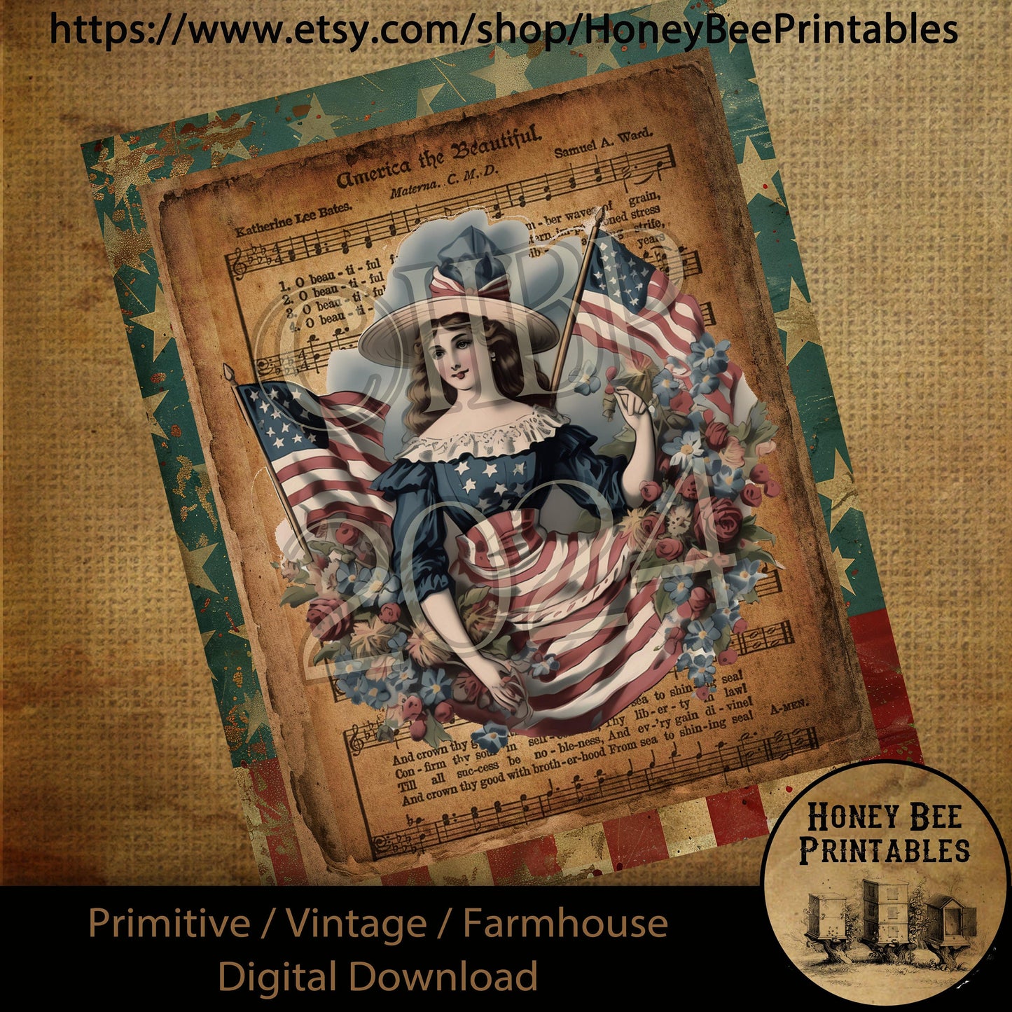 Vintage Primitive Farmhouse Digital Download Printable Decoupage Patriotic, America the Beautiful, Music, Stars and Stripes, Flags, USA