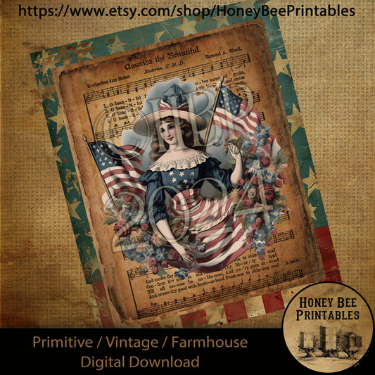 Vintage Primitive Farmhouse Digital Download Printable Decoupage Patriotic, America the Beautiful, Music, Stars and Stripes, Flags, USA