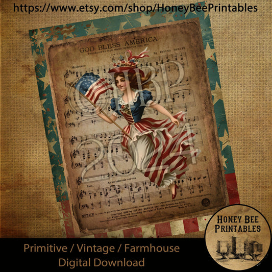 Vintage Primitive Farmhouse Digital Download Printable Decoupage Patriotic, God Bless America, Music, Stars and Stripes, Flags, USA