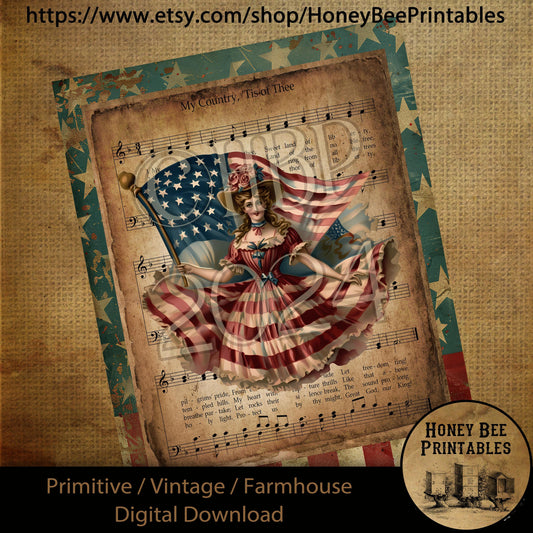 Vintage Primitive Farmhouse Digital Download Printable Decoupage Patriotic, My Country Tis of Thee, Music, Stars and Stripes, Flags, USA