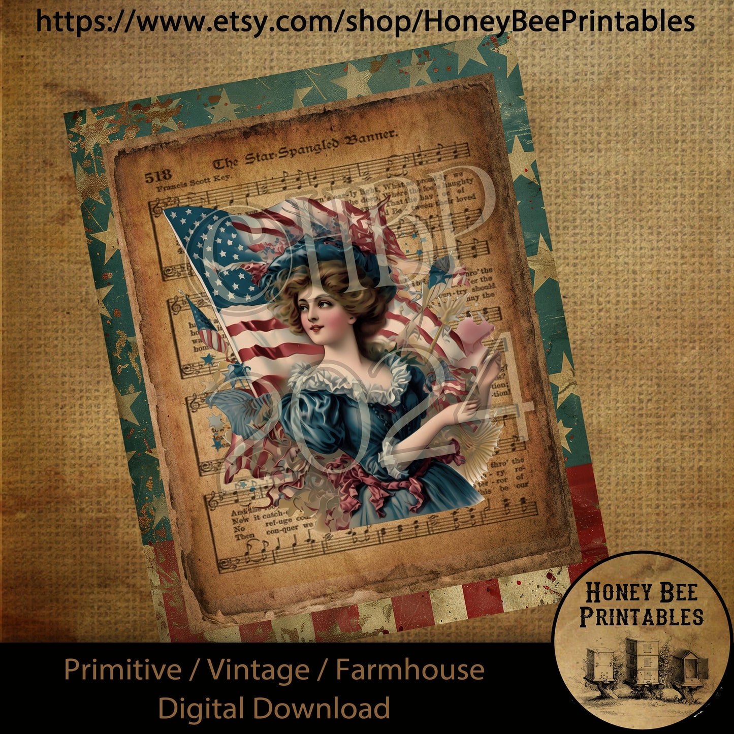 Vintage Primitive Farmhouse Digital Download Printable Decoupage Patriotic, Star Spangled Banner, Music, Stars and Stripes, Flags, USA