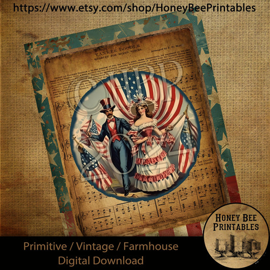 Vintage Primitive Farmhouse Digital Download Printable Decoupage Patriotic, Yankee Doodle Dandy, Music, Stars and Stripes, Flags, USA